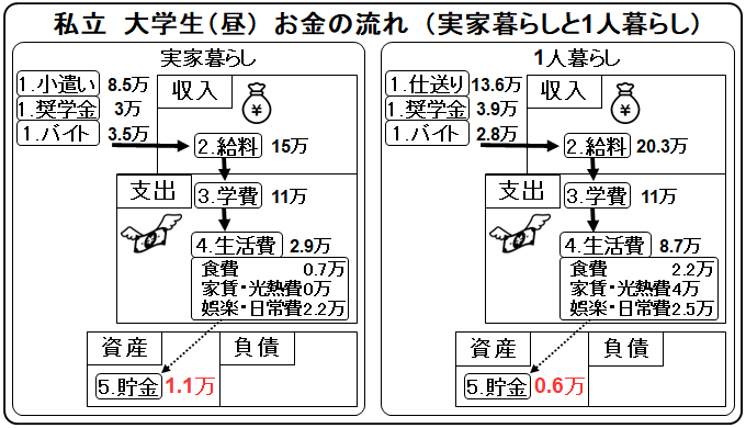 cash flow private university student living alone vs living with parents