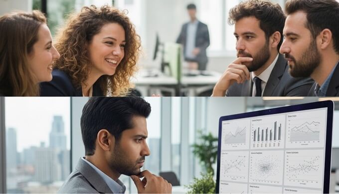 Four people communicating and Person analyzing data at a computer